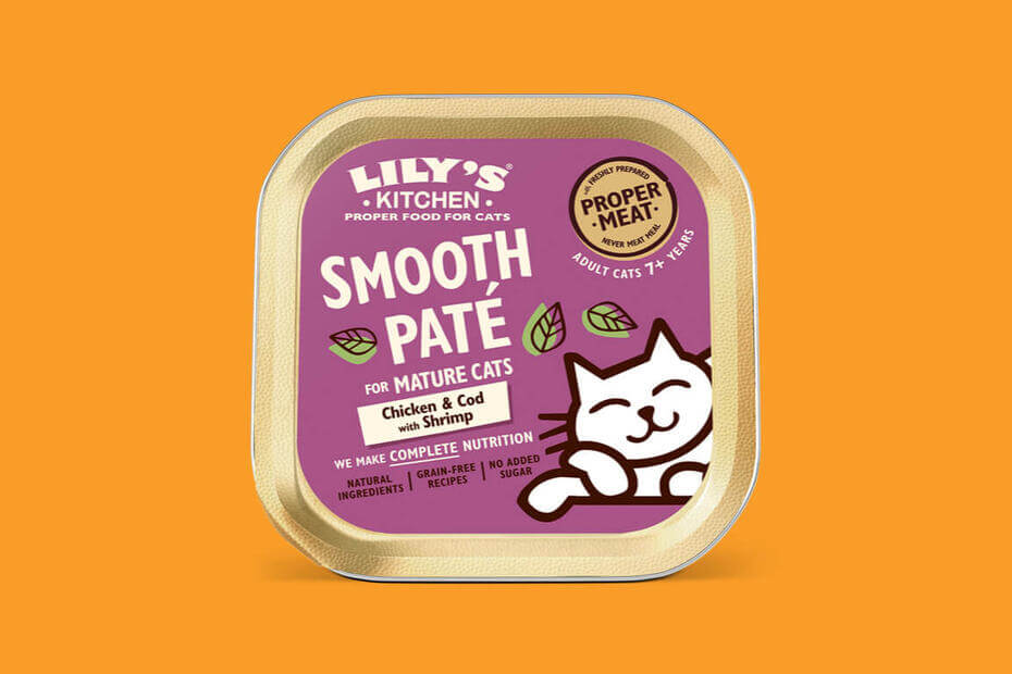 Cibo liscio completo per gatti maturi al pollo e merluzzo con paté di gamberetti